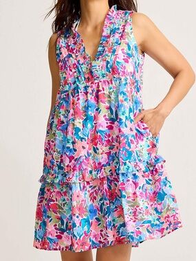 Tommy Bahama Pink Blue Green Floral Ruffle Mini Dress